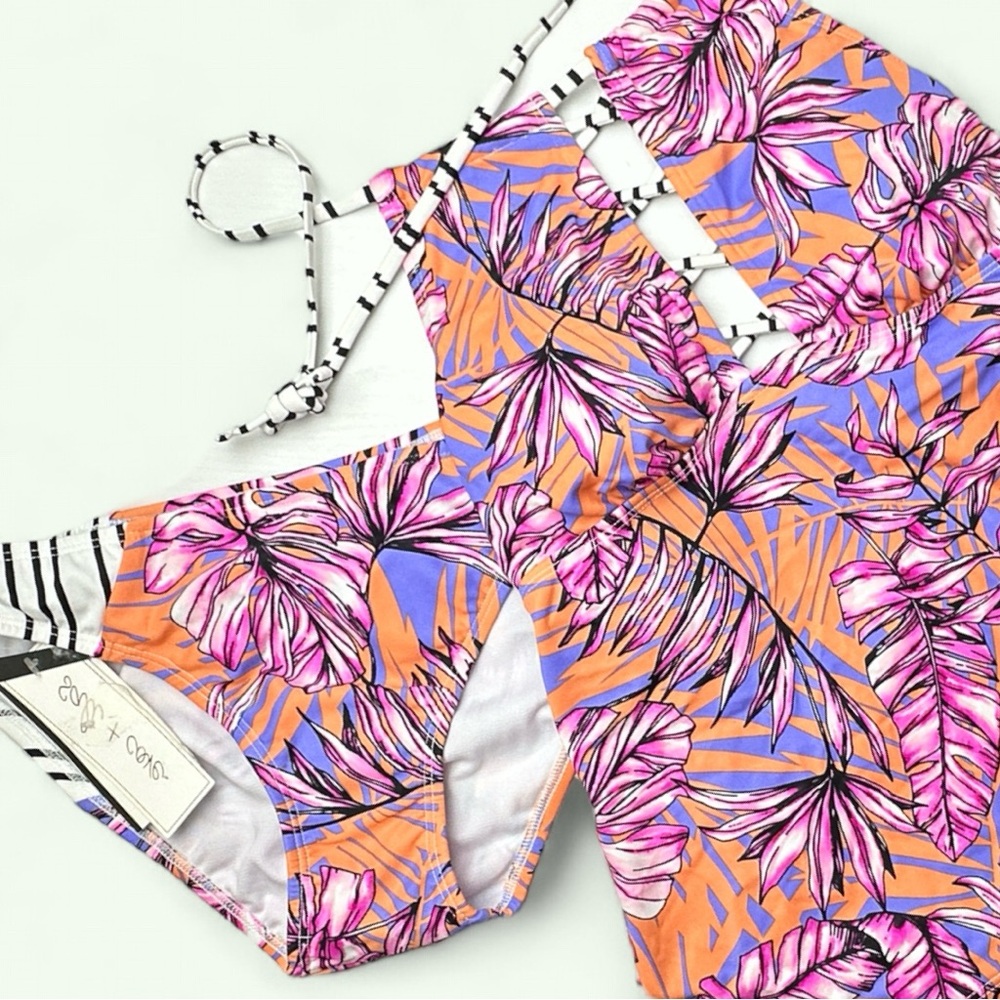 Salt + Cove LILAC MULTI Hawaii Printed 2-piece High-Neck Cutout Halter Tankini - Picture 11 of 12